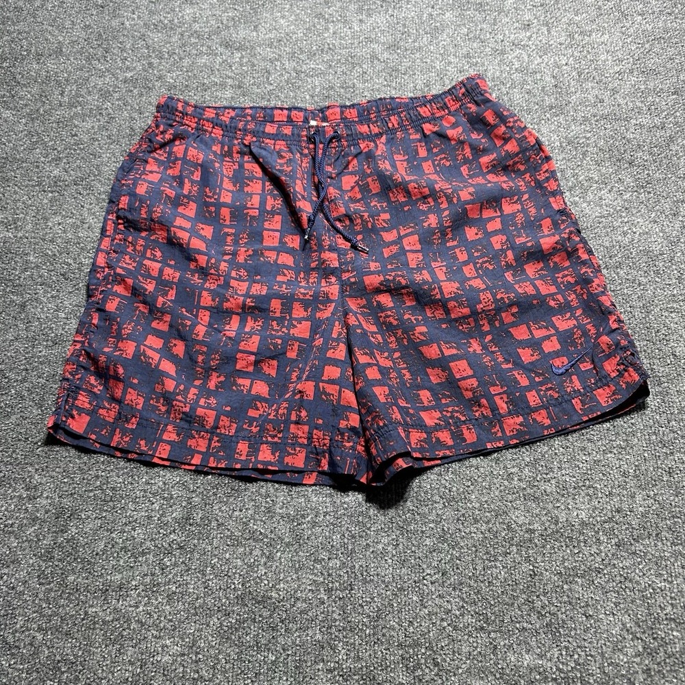 Vintage 90s Nike Shorts Mens S Red Blue Pattern Geometric Swim Trunk Drawstring